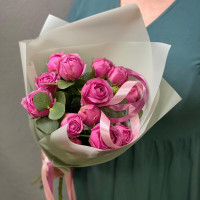 Author's bouquet of peony roses and fragrant eucalyptus