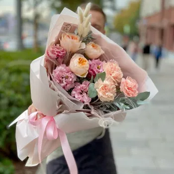Bouquet with peony roses “Juliet”, eustoma and dianthus