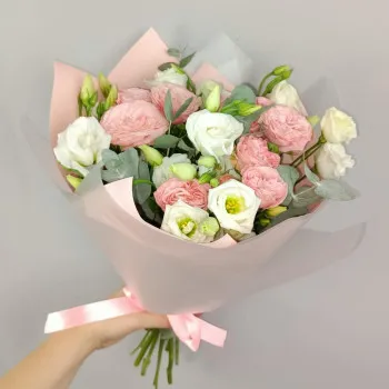 Bouquet of peony roses and eustoma